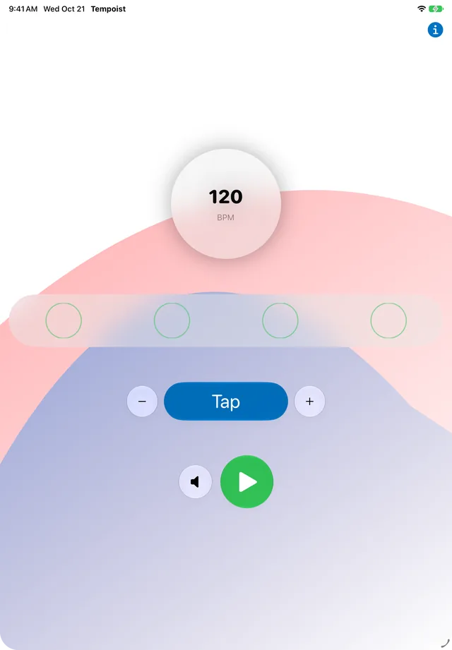 Tempoist on iPad in light mode: 120 BPM above a row of four empty beat circles, with the minus, Tap, and plus buttons and the sound and play buttons below
