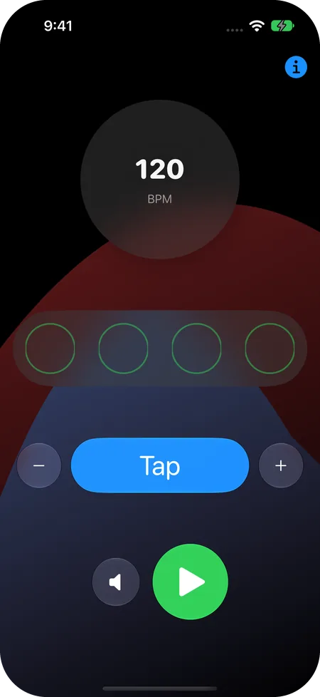 Tempoist on iPhone in dark mode: 120 BPM in a glass circle at the top, four empty beat circles below it, the minus, Tap, and plus buttons, and the sound and play buttons at the bottom