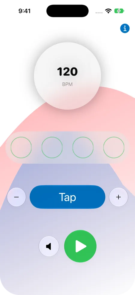 Tempoist on iPhone in light mode at 120 BPM, with the wide blue Tap button between the round minus and plus buttons