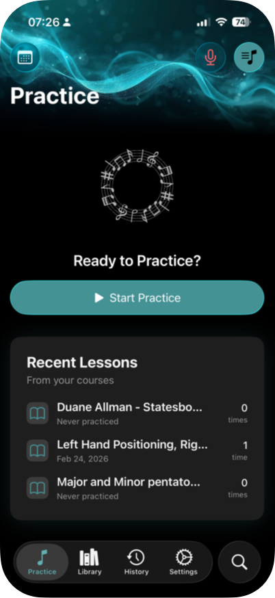 RunThrough practice home screen showing Start Practice button and recent lessons