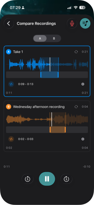 Compare Recordings screen with two waveforms and loop controls