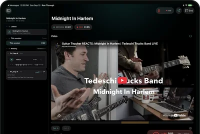 RunThrough on iPad recording a take while a YouTube guitar lesson plays above it