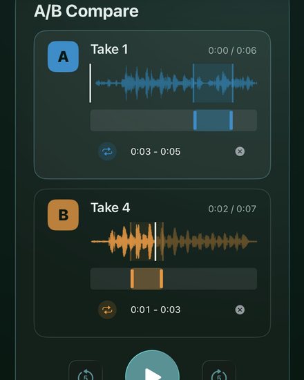 RunThrough A/B Compare on iPhone with Take 1 and Take 4 looping the same bars