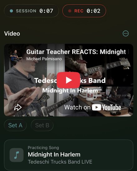 RunThrough on iPhone practicing along with a YouTube lesson, with Set A and Set B loop markers