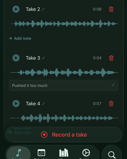 RunThrough take list on iPhone with a note under a take and the Record a take button